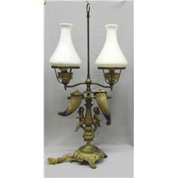 Antique Brass Horn Lamp w/Cherubs