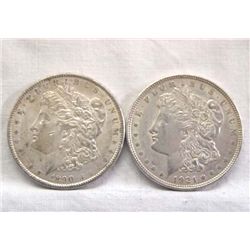 2 Morgan Silver Dollars 1890, 1921