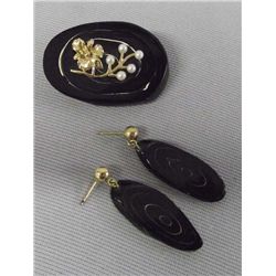 Vintage Black Coral Pin/Brooch & Earrings
