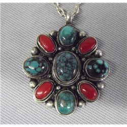 Navajo Sterling Silver w/Turquoise & Coral Necklace
