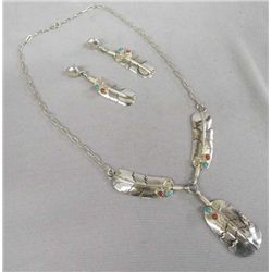 Navajo Multi Stone Silver Necklace & Earrings - L