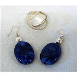 Lapis earrings on wire, sterling double hoop ring