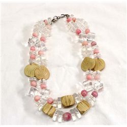 Lucite Pink Shell Carved Bead Necklace