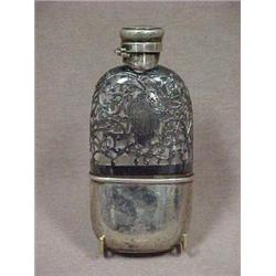 Sterling overlay flask, hinged lid with gol