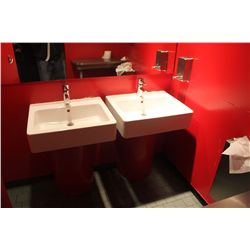 WOMENS WASHROOM: 3 TOILETS, 2 SINKS AND 1 SHELF