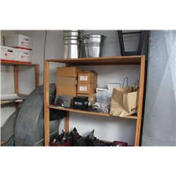 SHELF WITH ASSORTED PAILS AND OFFICE SUPPLIES