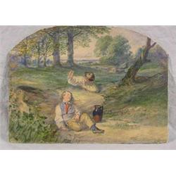 W/C Painting Signed "B.F. (Birket Foster) of Playful Boys, Ca. 1900