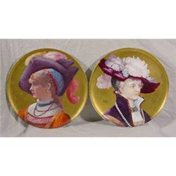 Pair "H. Catelin" Round Painted Porcelain Portrait Plaques