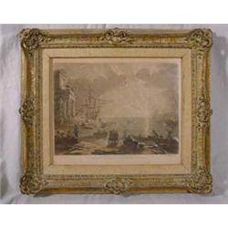 Hand Colored 18th C. Print of Sea Port