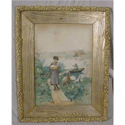 Watercolor Print Inscribed "L. Chialiva" of Woman Holding Sheep