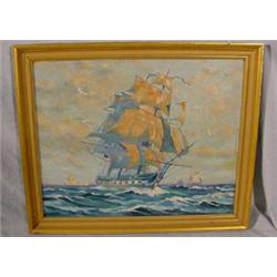 "J. DeFayette 1927" O/B of Seascape W/ Sailing Ship Flying American Flag
