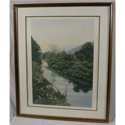 "Helen Rundell" Signed Colored Print of Landscape of Stream & Hills