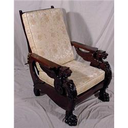 Exquisitely Carved Santo Domingo Mahogany Morris Type Reclining Chair, Possibly Horner Bros.