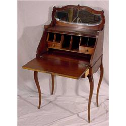 Carved Mahogany Victorian Ladies' Drop Front Desk with Beveled shaped mirror, cabriole legs