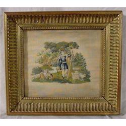 Ca. 1850 Needlework of Shepard & Sheep Dog in Landscape