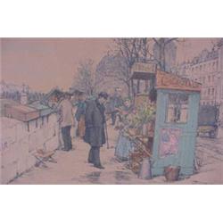 "T.E. Simon" Original Aquatint Etching Titled "Marchande de fleurs"