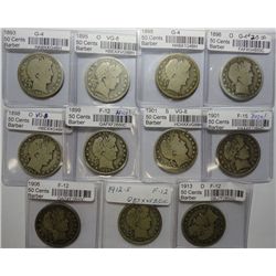 11 VG/F Barber half $:1893-95PO-96O-98O-99-01PS-06-12S-13D