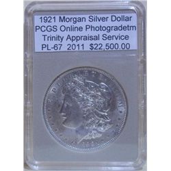 1921 Morgan Silver Dollar PCGS PL-67 w/Appraisal