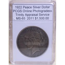 1922 Peace Silver Dollar PCGS MS-65 w/Appraisal