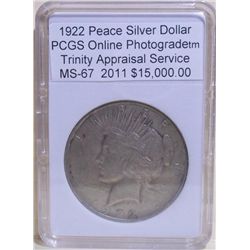 1922 Peace Silver Dollar PCGS MS-67 w/Appraisal