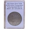 Image 1 : 1922 Peace Silver Dollar PCGS MS-67 w/Appraisal