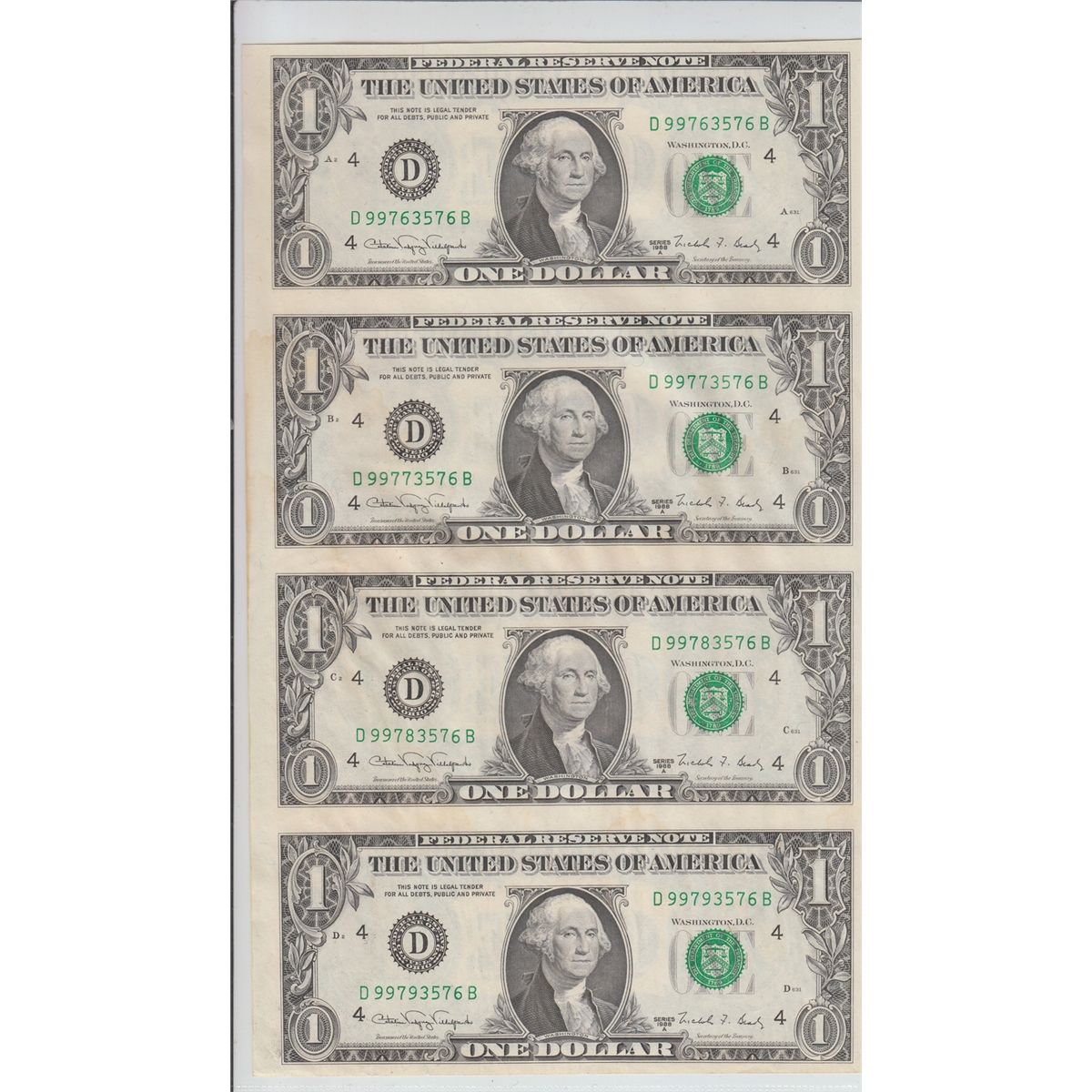 UNCUT SHEET OF 1 BILLS 1988