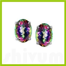 Genuine 3.20 ctw Mystic Rainbow Topaz Oval Earring Studs - 14kt Gold-White
