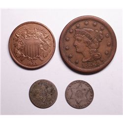 1865 2 Cent XF+, 1853 Large Cent VF-XF, 1853 3 Cent Silver VG,
