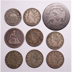 1822 Bust Half Fair, 6 pcs 1883 No Cents NickelsXF/AU, 1868 Shield Nickel Good,