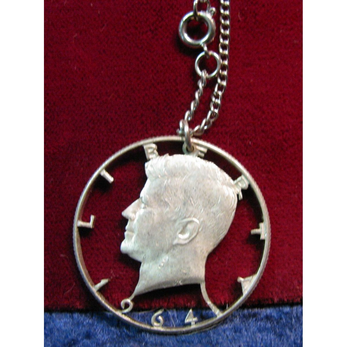 293. 1964 Silver Kennedy Half Dollar Cut out Jewelry on Necklace.