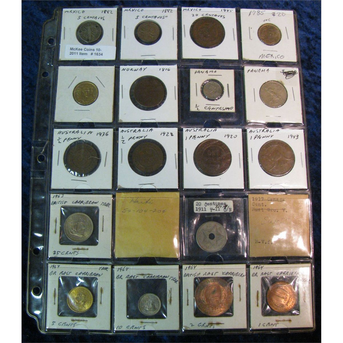 1634. 20Pocket Plastic Page full of coins from Mexico, Norway,