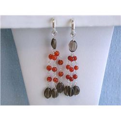 Dangling Silver, Carnelian and SmokyTopaz Earrings