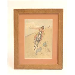 Indian brave on horseback, watercolor