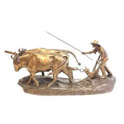 Edouard Drouot Farmer/Bulls bronze sculpture