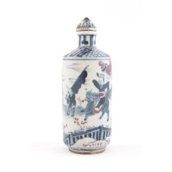 Copper red & blue snuff bottle depicting figures