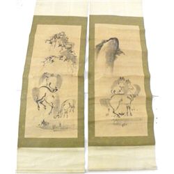 Pair Oriental scroll paintings