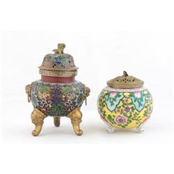 Chinese cloisonne incense burner & porcelain bowl