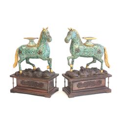 20th c. pair Chinese cloisonne "Horses" on stands