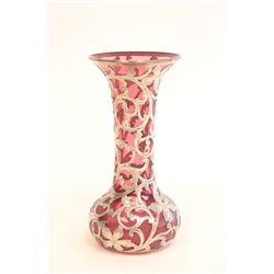 Silver overlay red glass vase