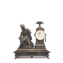 Spelter open escapement clock with "Warrior"