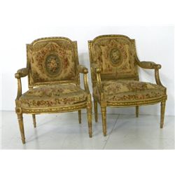 Pair 18th c. Aubusson upholstered open arm chairs