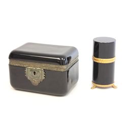 2 black opaline glass boxes