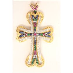 18kt gold, diamond & multicolor stone cross
