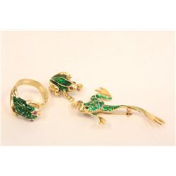 Lot of 3 14kt gold enamel "Frog" jewelry