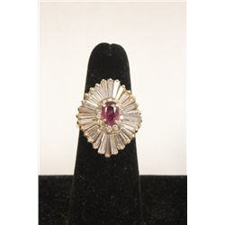 14kt gold, ruby & baguette diamond ring