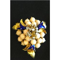 18kt gold diamond, coral & blue enamel brooch