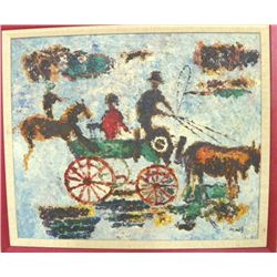 Framed oil painting "Man & Child in Wagon" signed