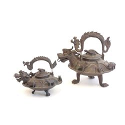 2 Chinese bronze figural tea kettles