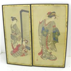 Pair Oriental framed watercolors artist signed