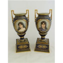 19th c. pair Royal Vienna portrait vases signed